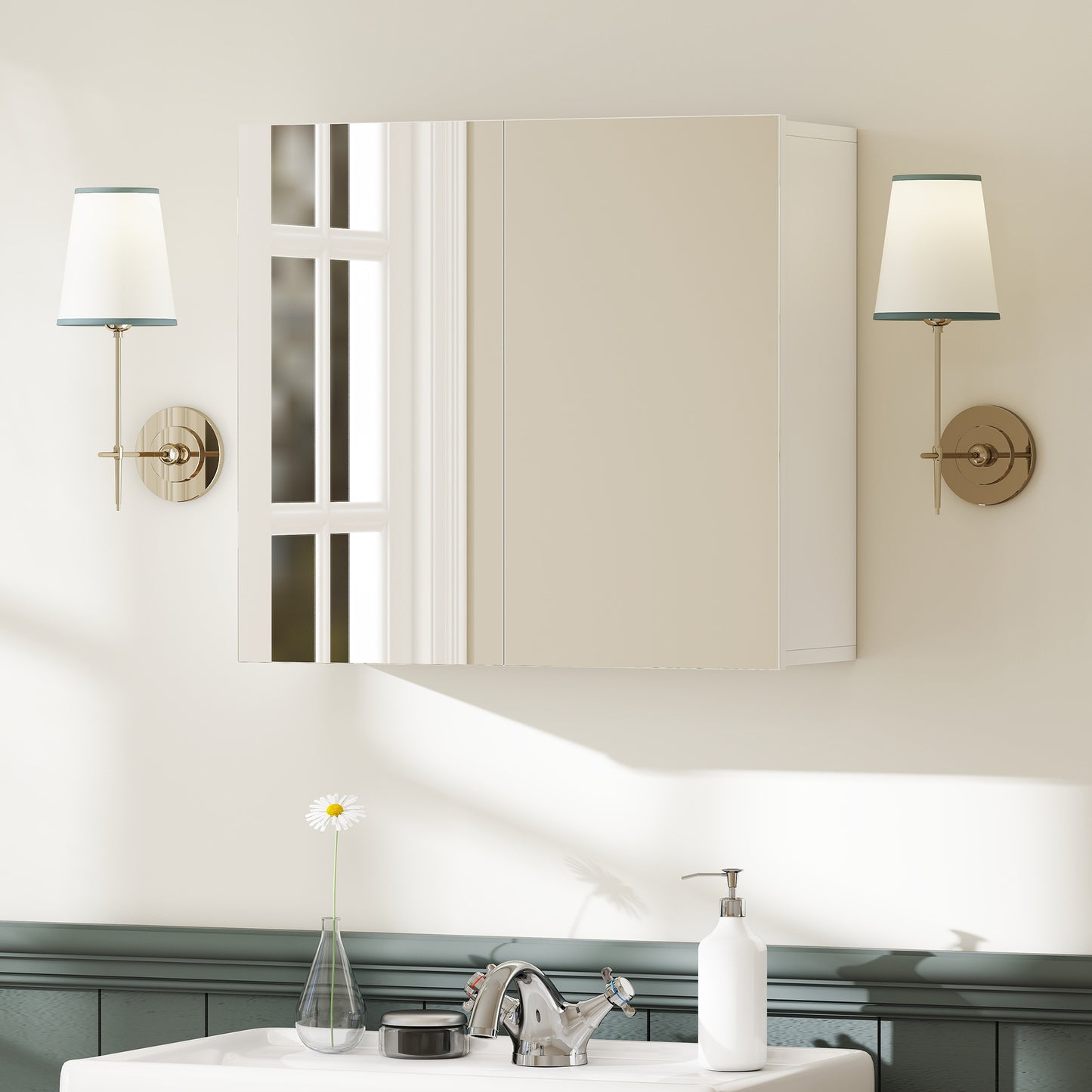 HOMCOM Double Door Bathroom Mirror Cabinet White With Adjustable Shelf For Extra Storage
