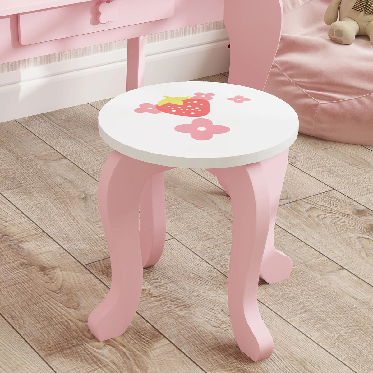 Kids pink vanity stool with round top featuring strawberry and flower pattern