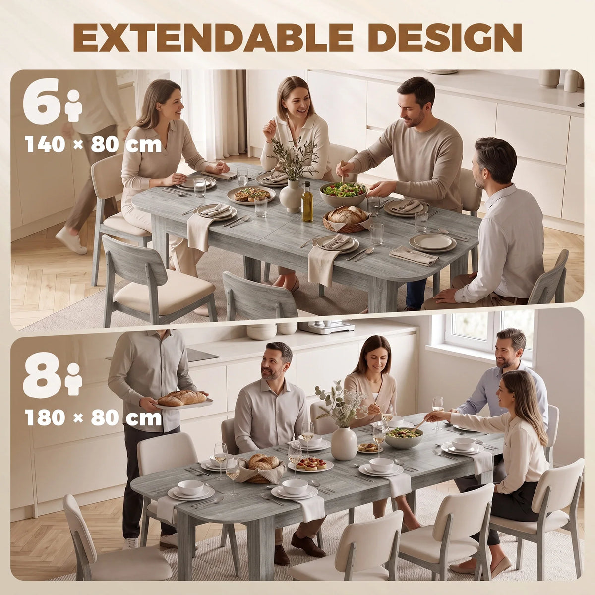 Grey wood-effect extendable oval dining table showing 6 to 8 seating size options.