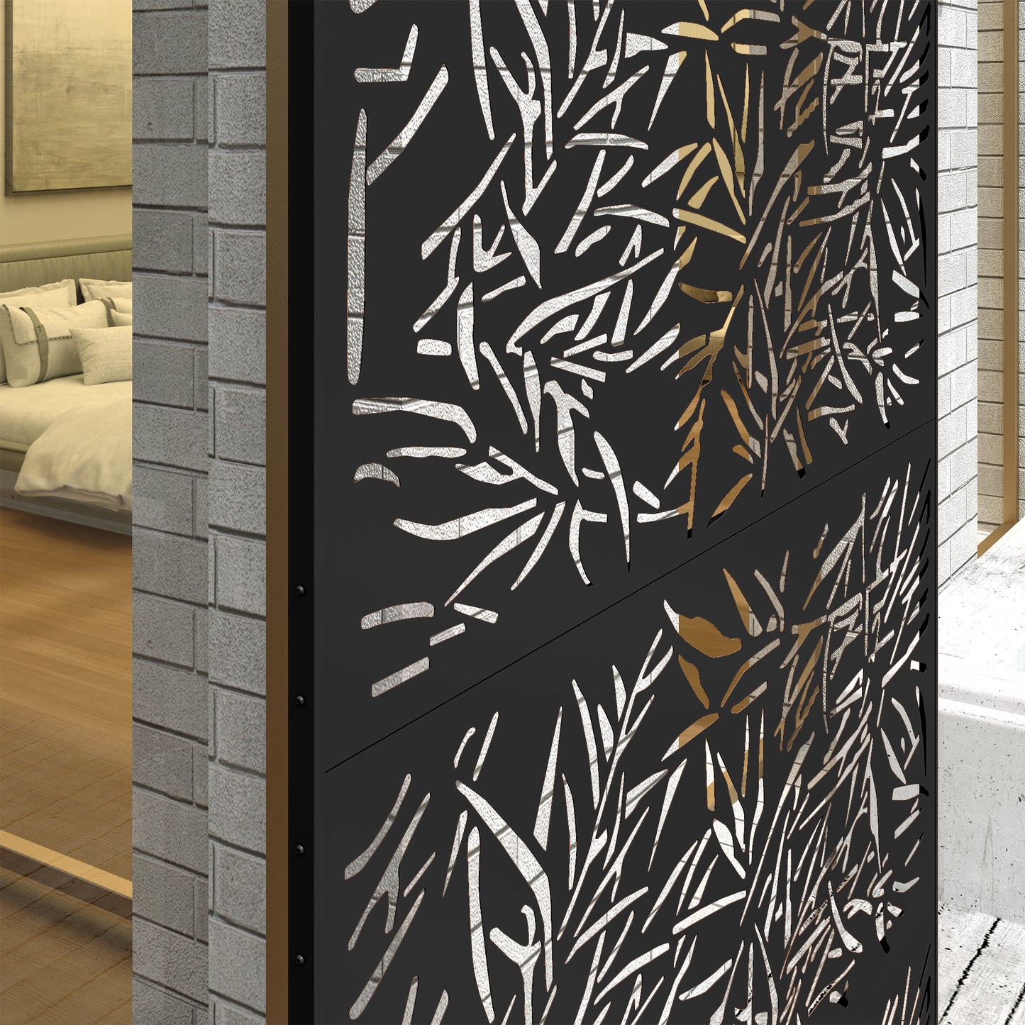 Outsunny 6.5FT Freestanding Garden Privacy Screen With Stand Expansion Screws Bamboo Style Metal Panel Black