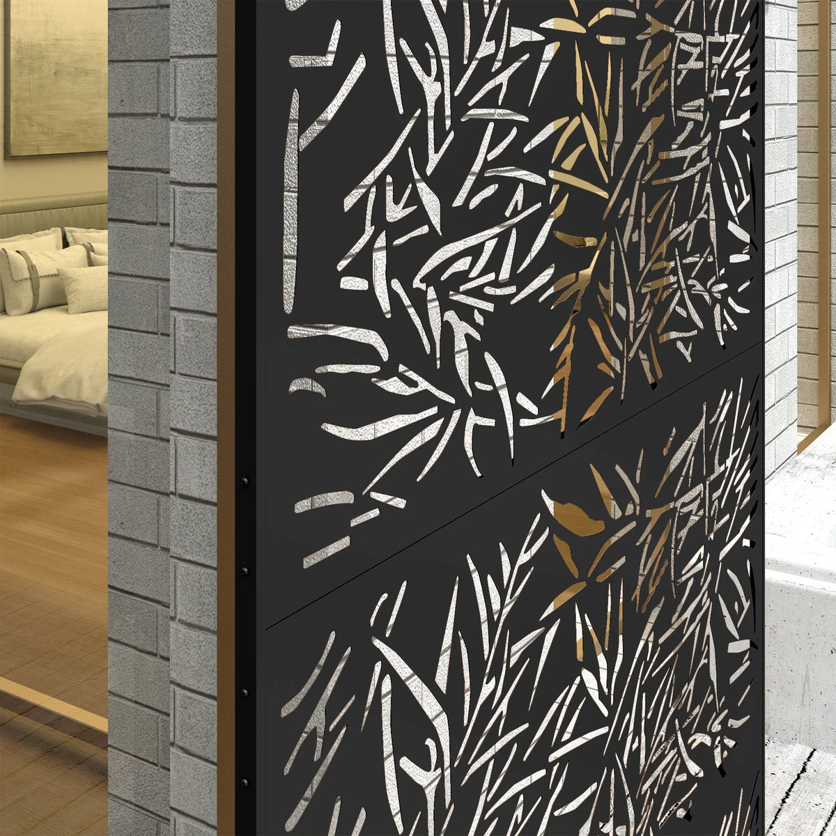 Black metal privacy screen panel with white bamboo-style leaf cutout pattern