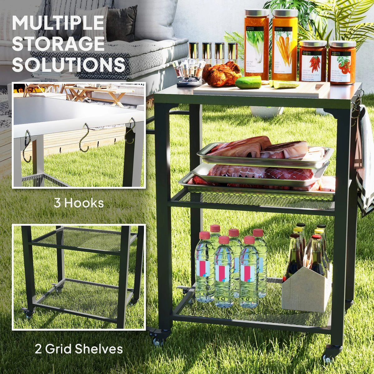Outdoor grill cart with three hooks, two grid shelves, and stainless top for drinks and prep