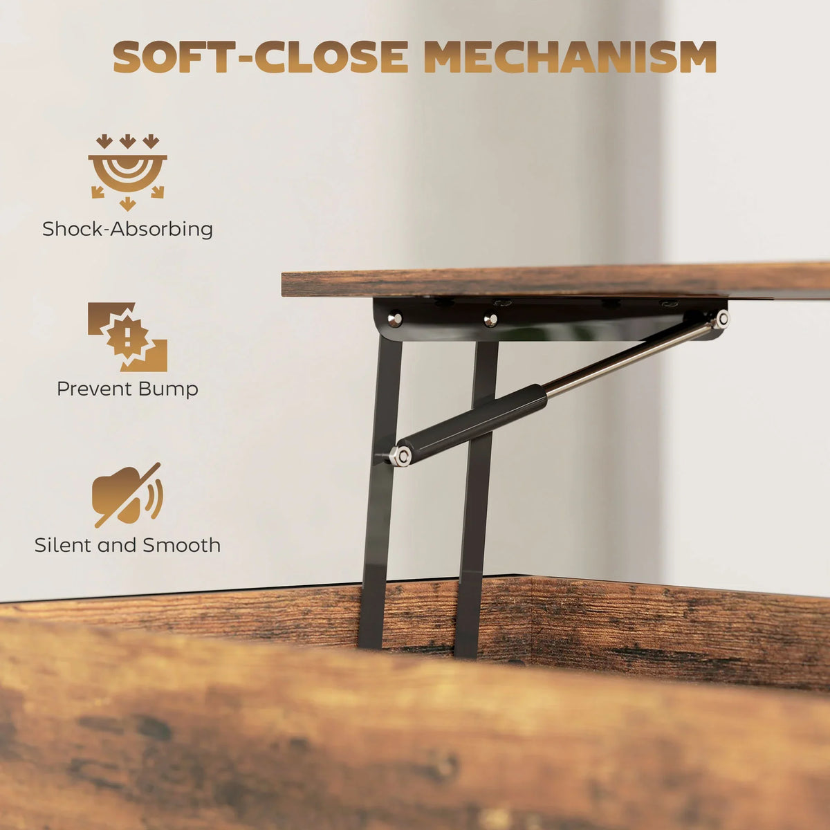Lift-top coffee table hinge and support mechanism under tabletop, rustic brown wood frame