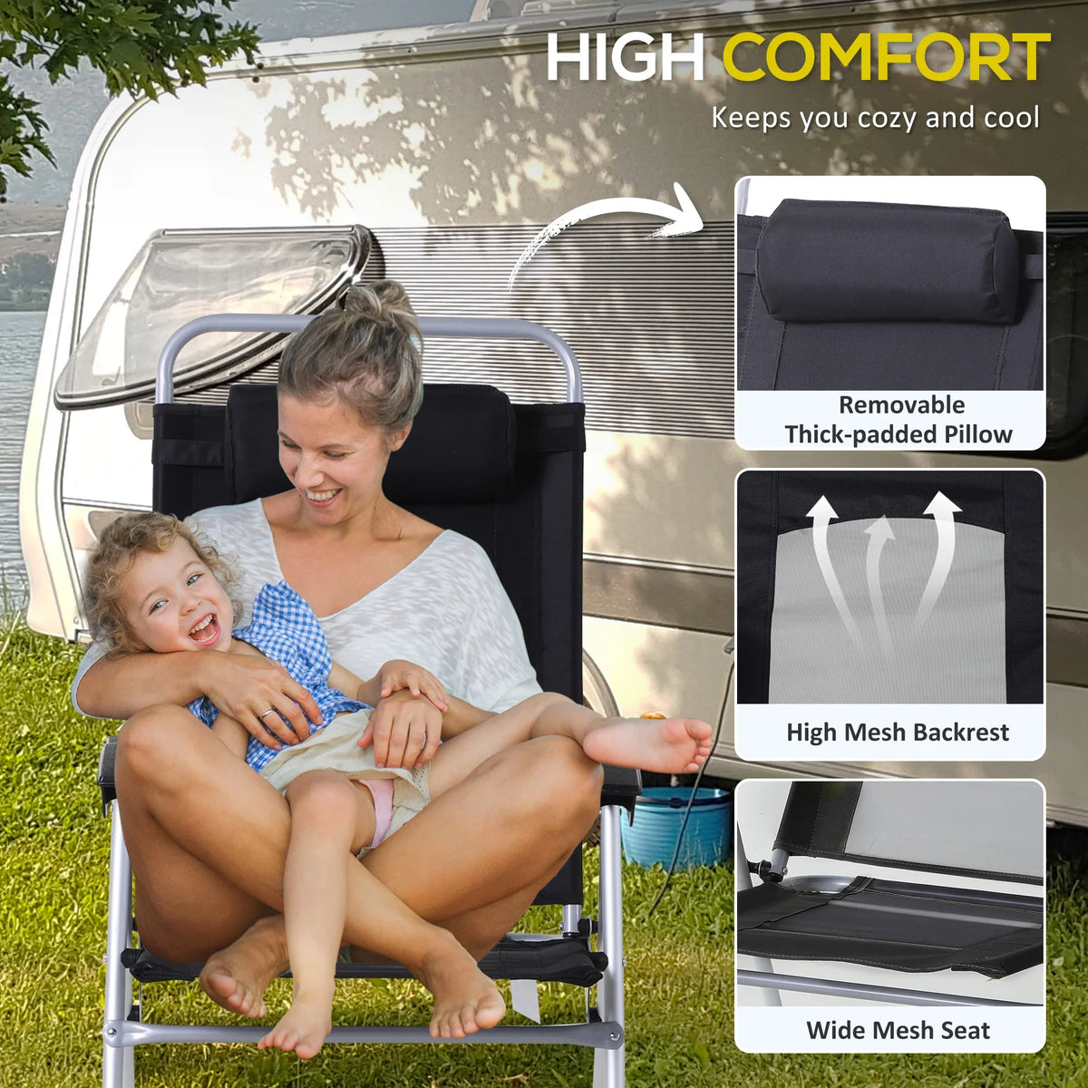 Camping folding chair with thick padded headrest, wide mesh seat, and supportive armrests