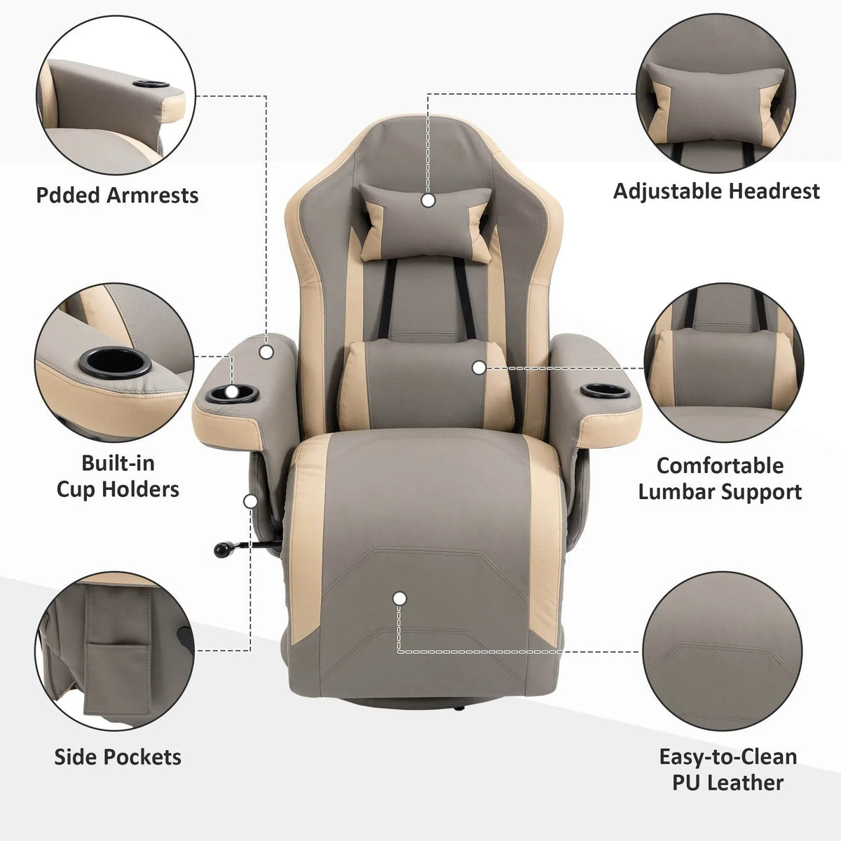 Grey recliner chair front view with adjustable headrest, cup holders, lumbar support, pockets.