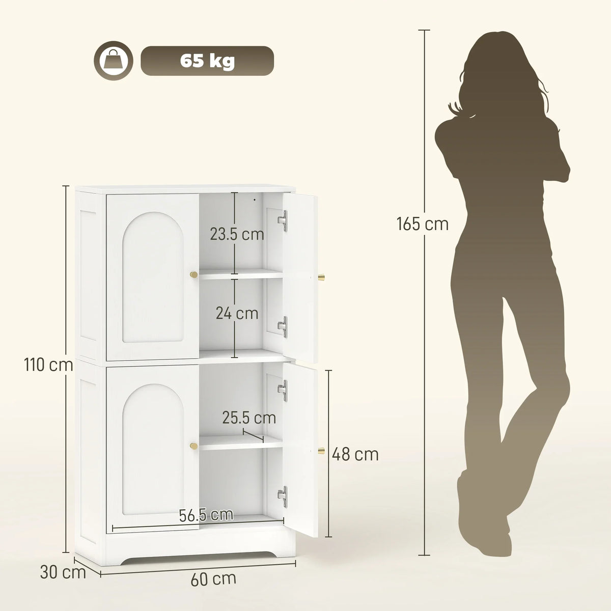White 4-door kitchen cabinet with arched doors and gold-tone handles, size diagram