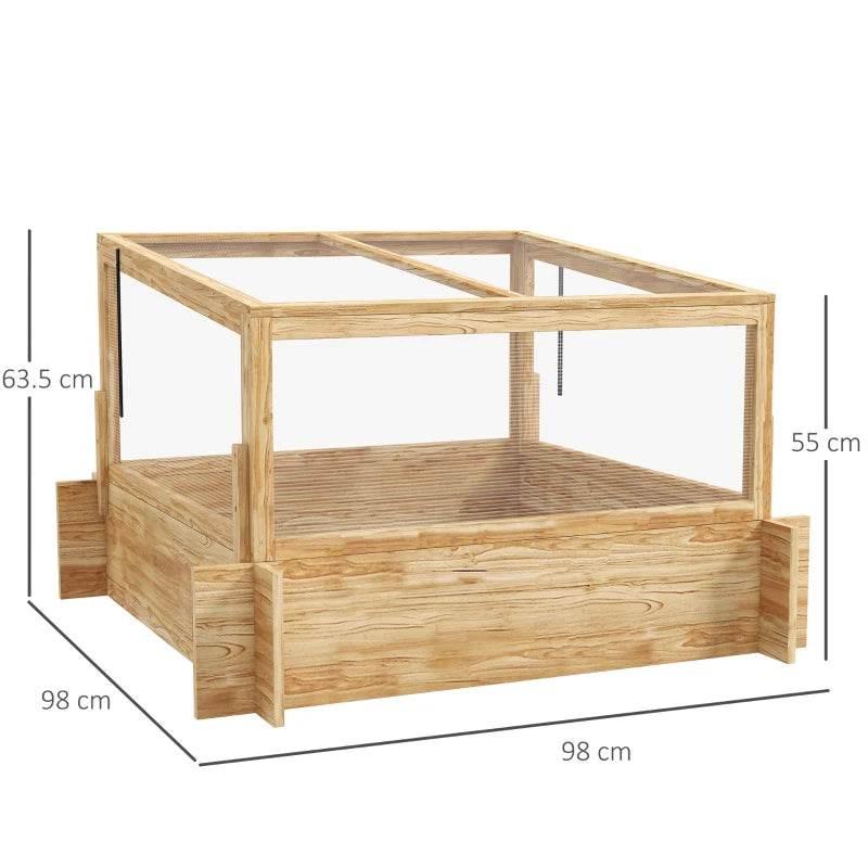 Natural wood greenhouse planter box with raised bed base and clear side panels