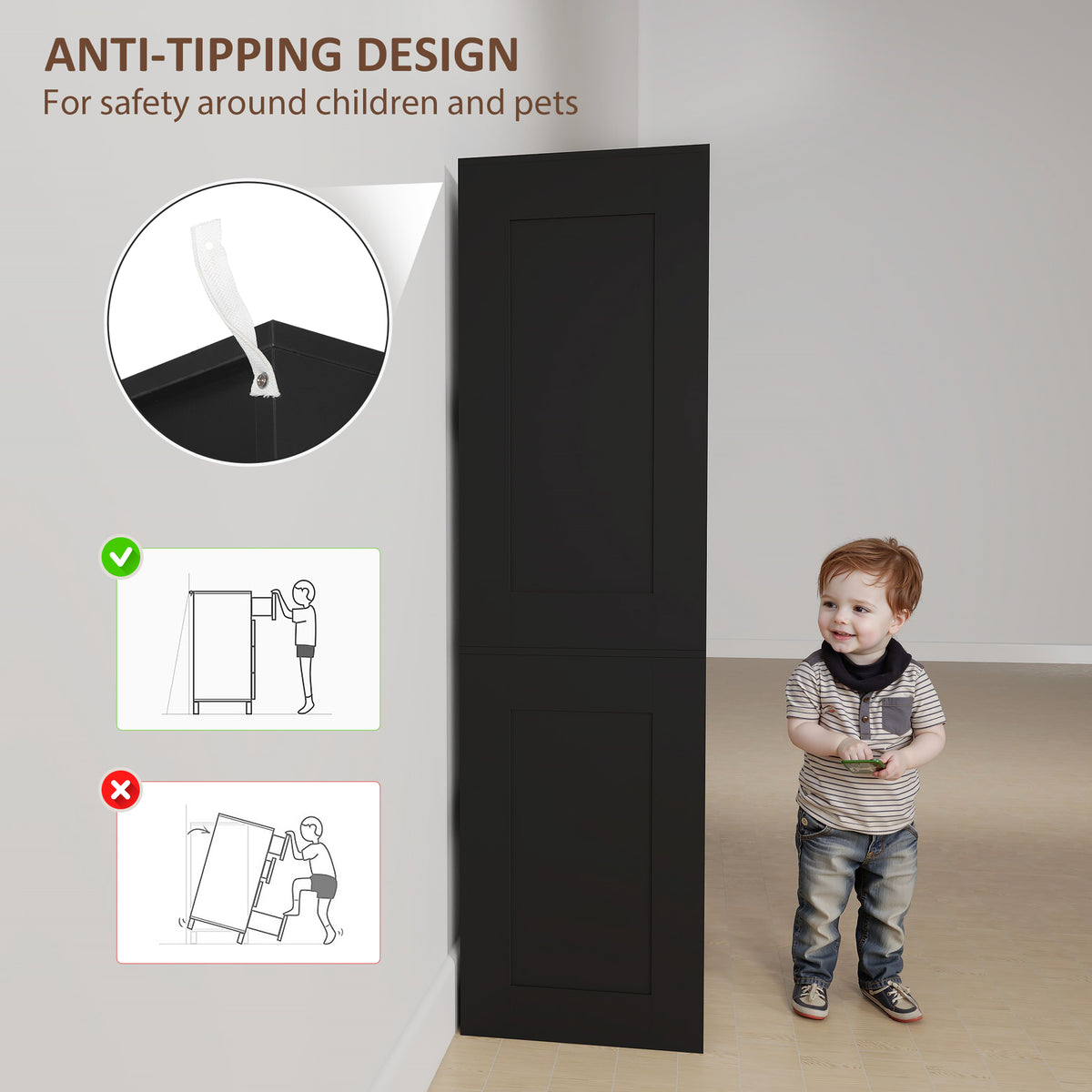 Tall wardrobe with black doors showing an anti-tipping safety design