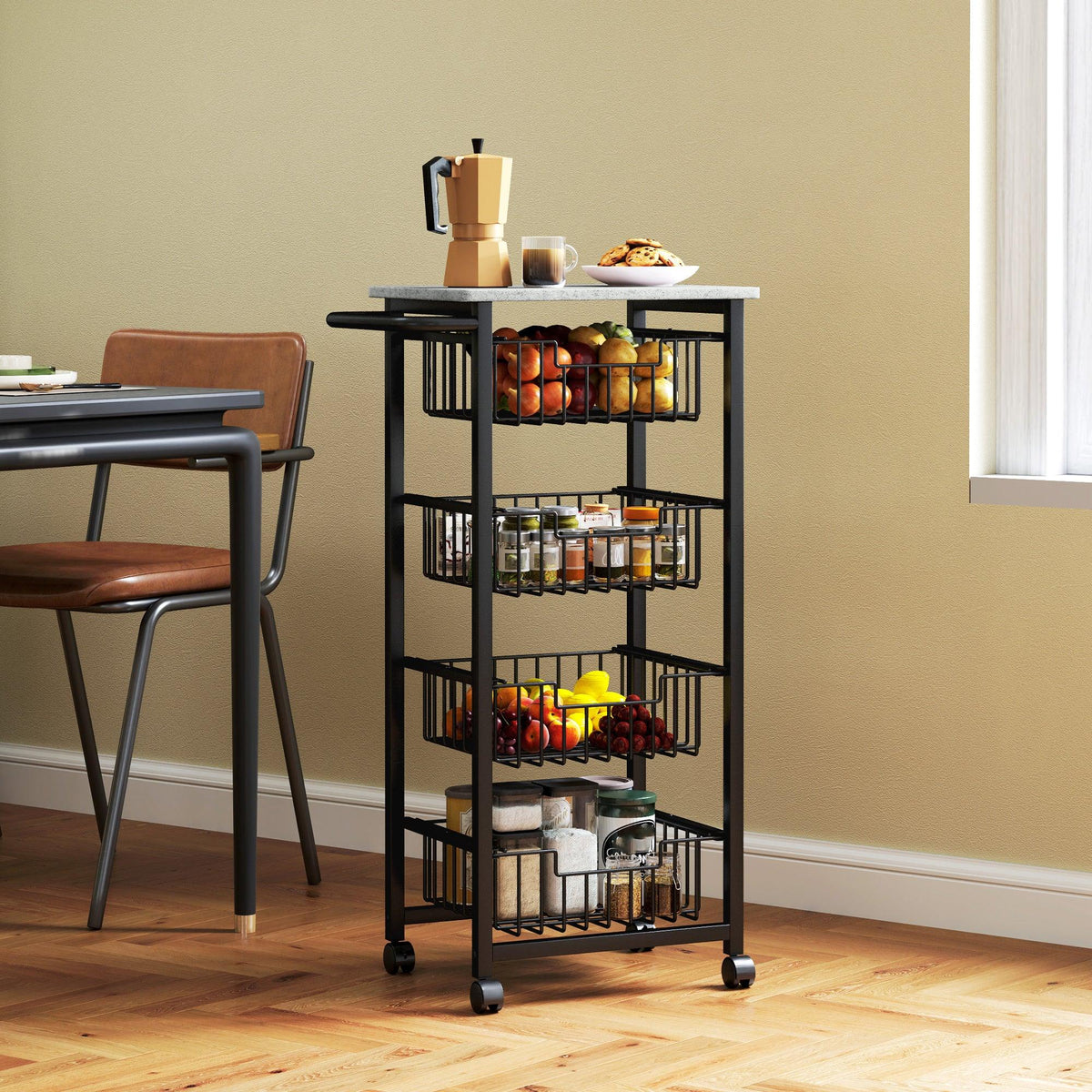 Mobile kitchen island cart with four pull-out baskets filled with food jars, grey/black frame.