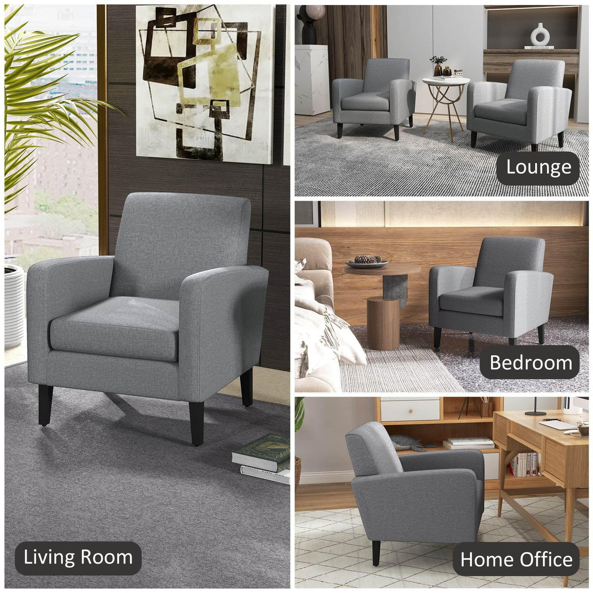 Pair of grey upholstered armchairs with dark legs styled for living areas