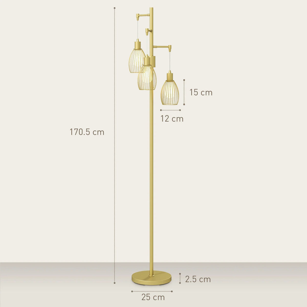Gold three-light floor lamp with three wire cage shades on a tall base and pole