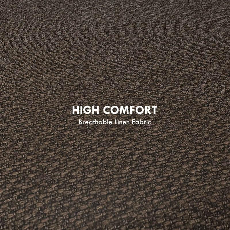 Close-up of brown linen upholstery on round ottoman stool seat