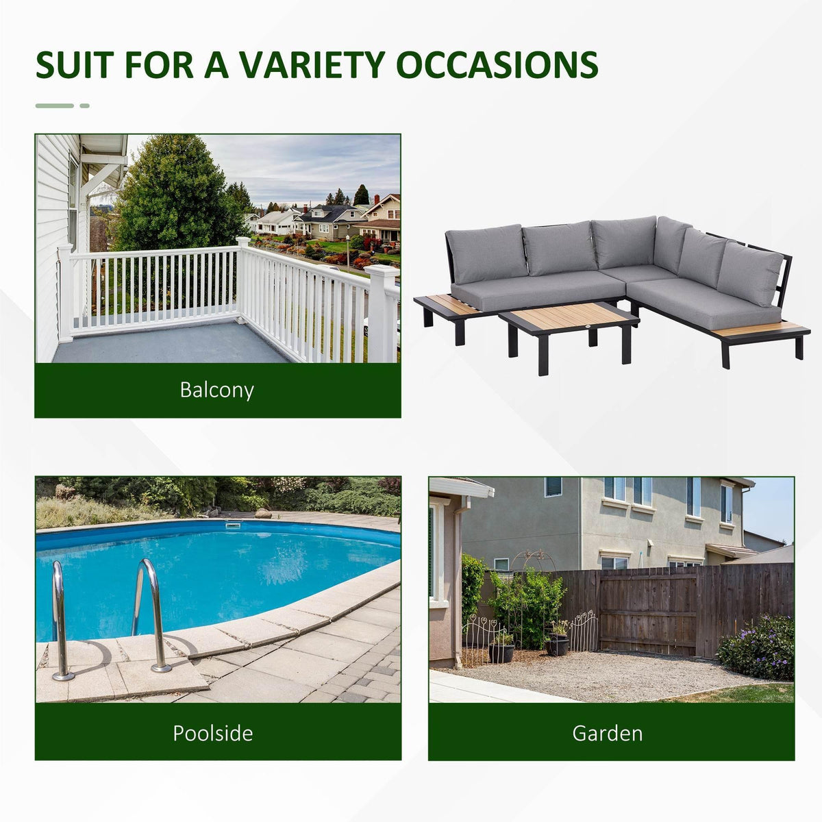 Dark grey L-shape outdoor sofa with padded cushions and light wood side table
