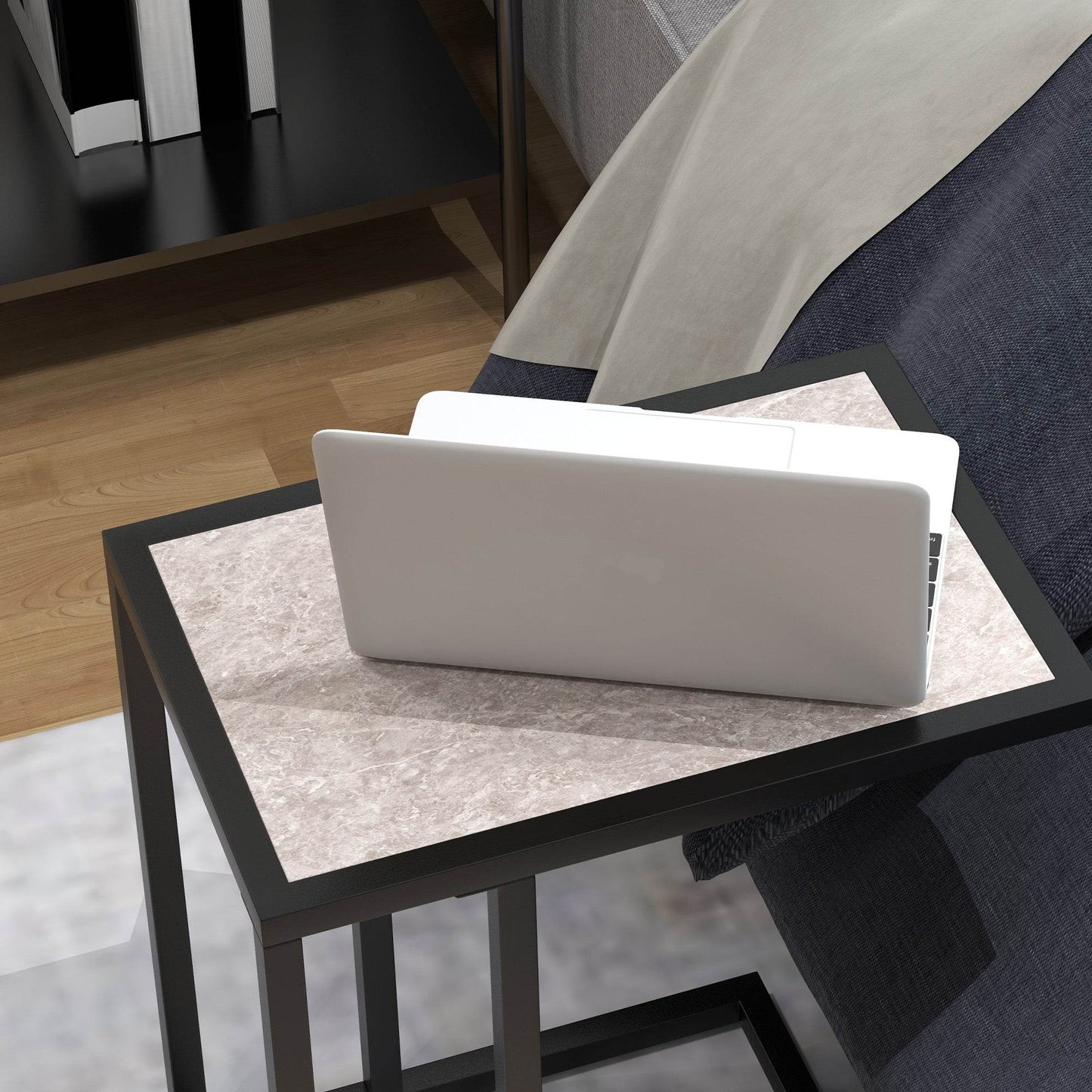 HOMCOM Modern C-Shaped Marble-Effect End Table with Steel Frame for Living Room, Grey - ALL4U RETAILER LTD