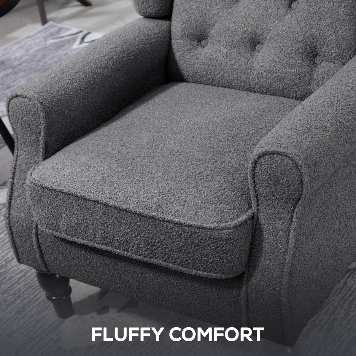 Grey teddy fleece armchair with plush seat cushion and rolled armrest