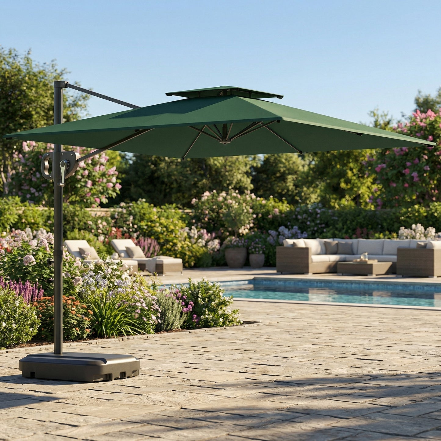 Outsunny Cantilever Parasol With Weighted Base And Crank Tilt Double Top Garden Parasol Patio Dark Green