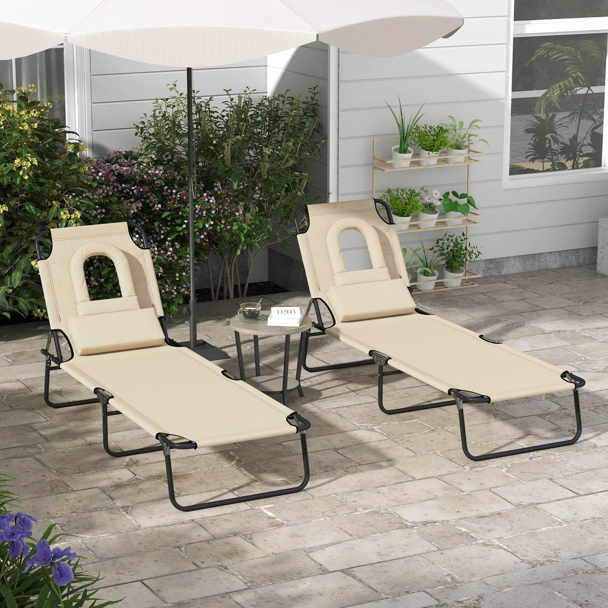 Adjustable sun lounger set with face-hole pillow, beige cushions and black metal frame