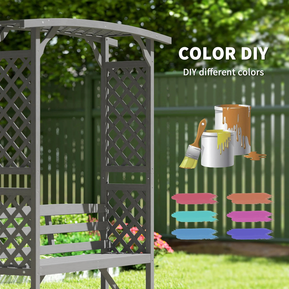 Grey wooden arbour bench trellis frame beside paint swatch graphic for color options.