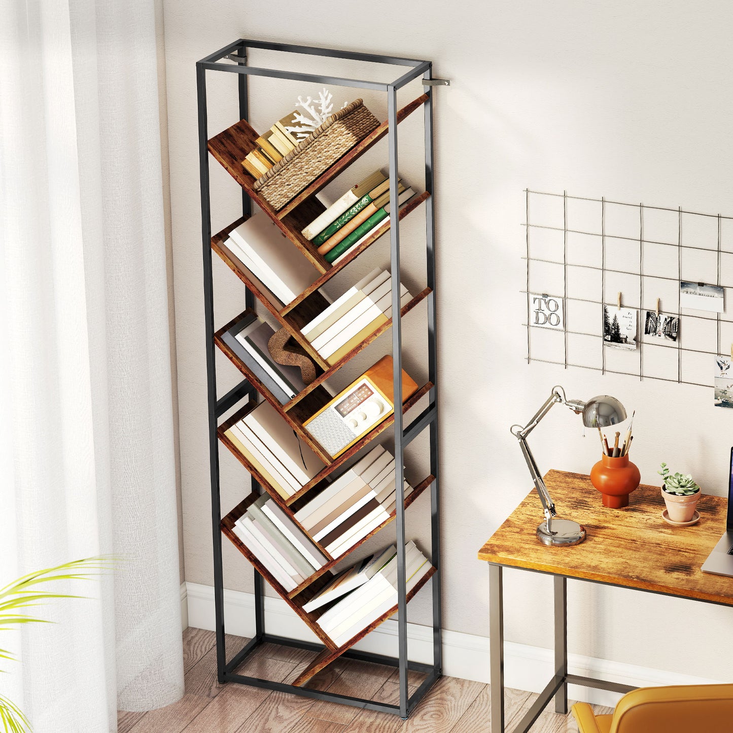HOMCOM 10 Shelf Industrial Style Tree Bookshelf With Metal Frame Black And Brown