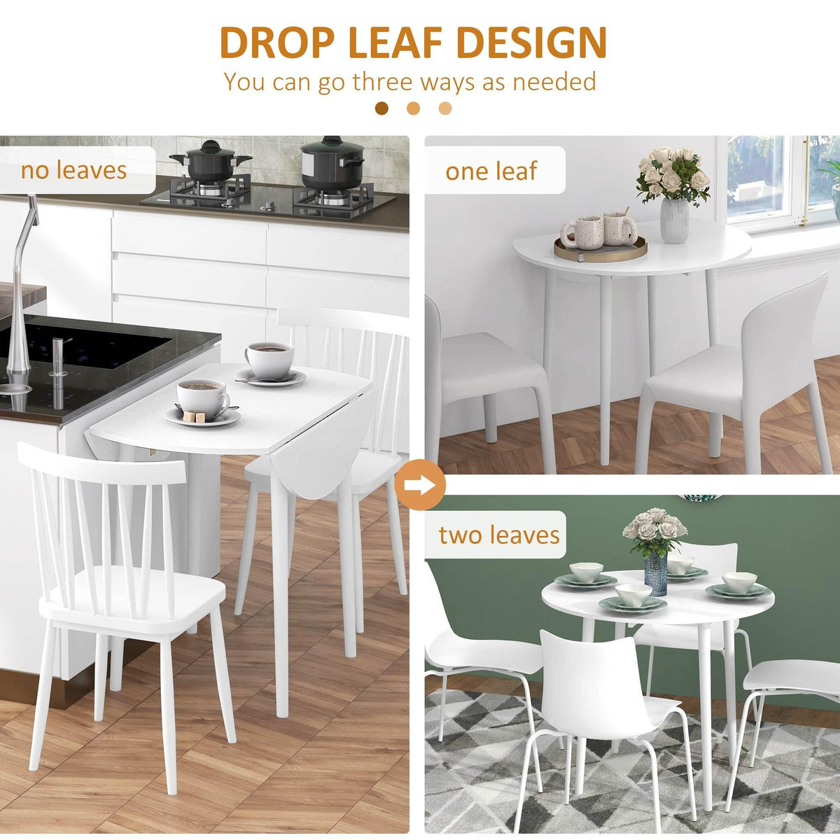 White drop-leaf dining table showing no-leaf, one-leaf, and two-leaf setup