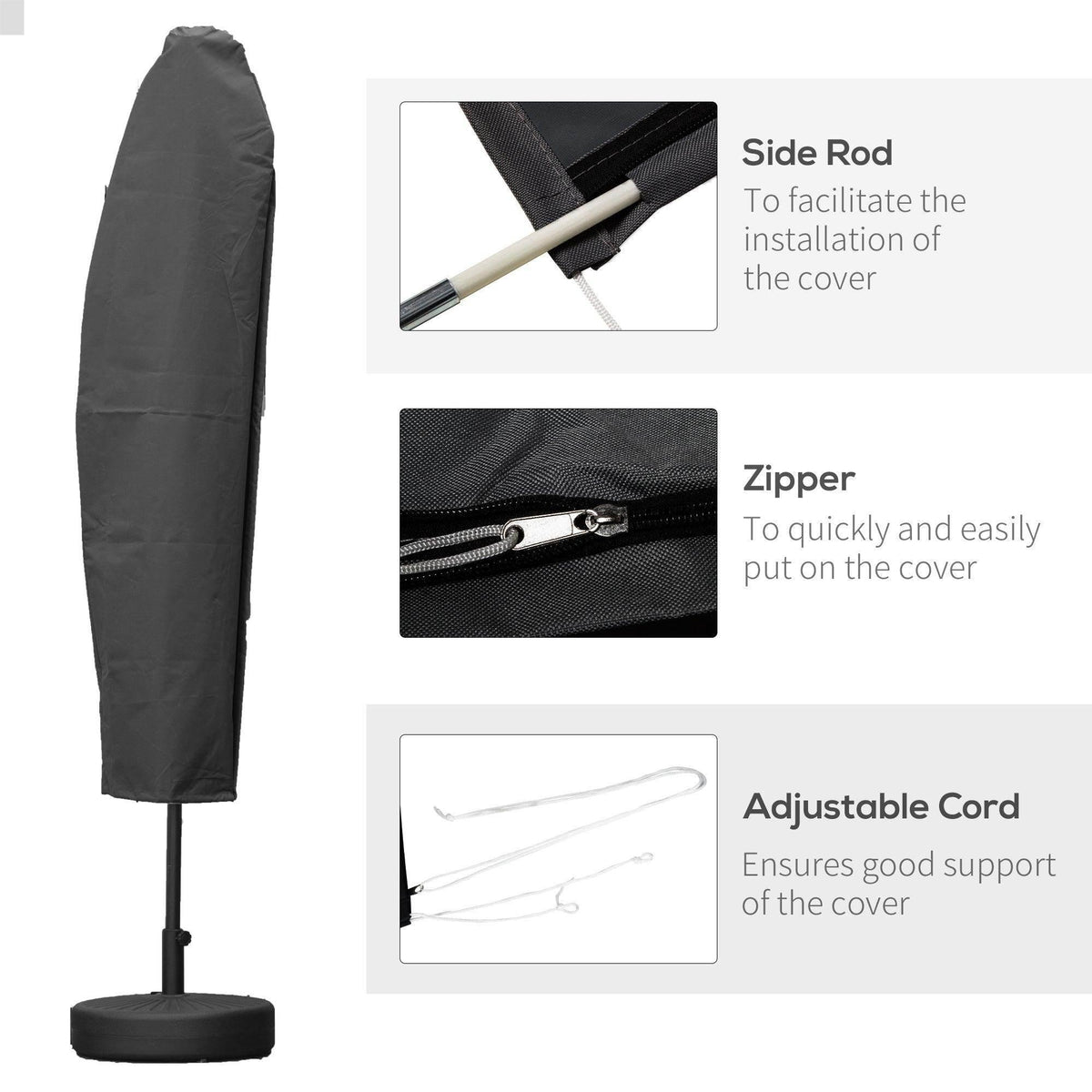 Grey cantilever umbrella cover with side rod, zipper opening, and adjustable cord