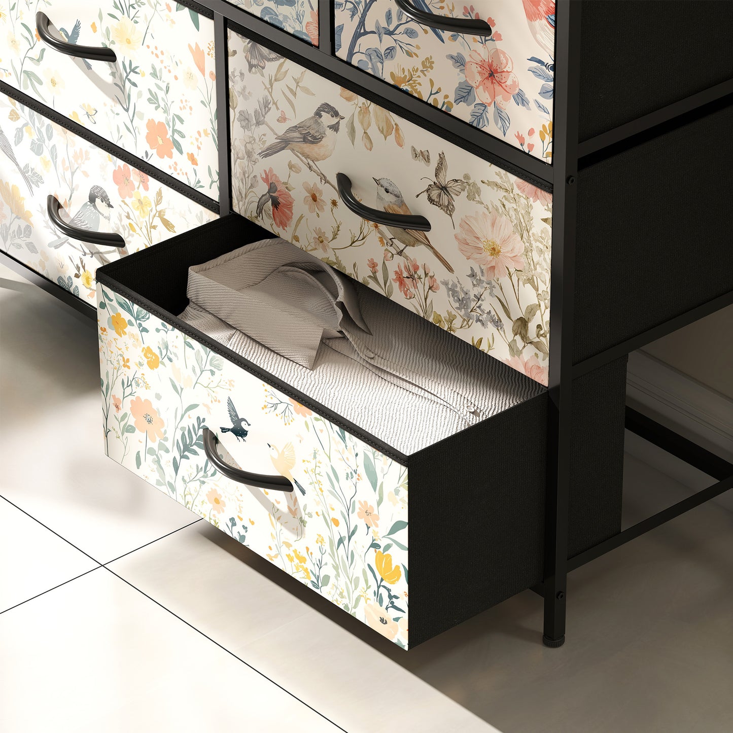 HOMCOM Seven Drawer Fabric Chest Of Drawers In White With Patterned Panels For Bedroom Organization