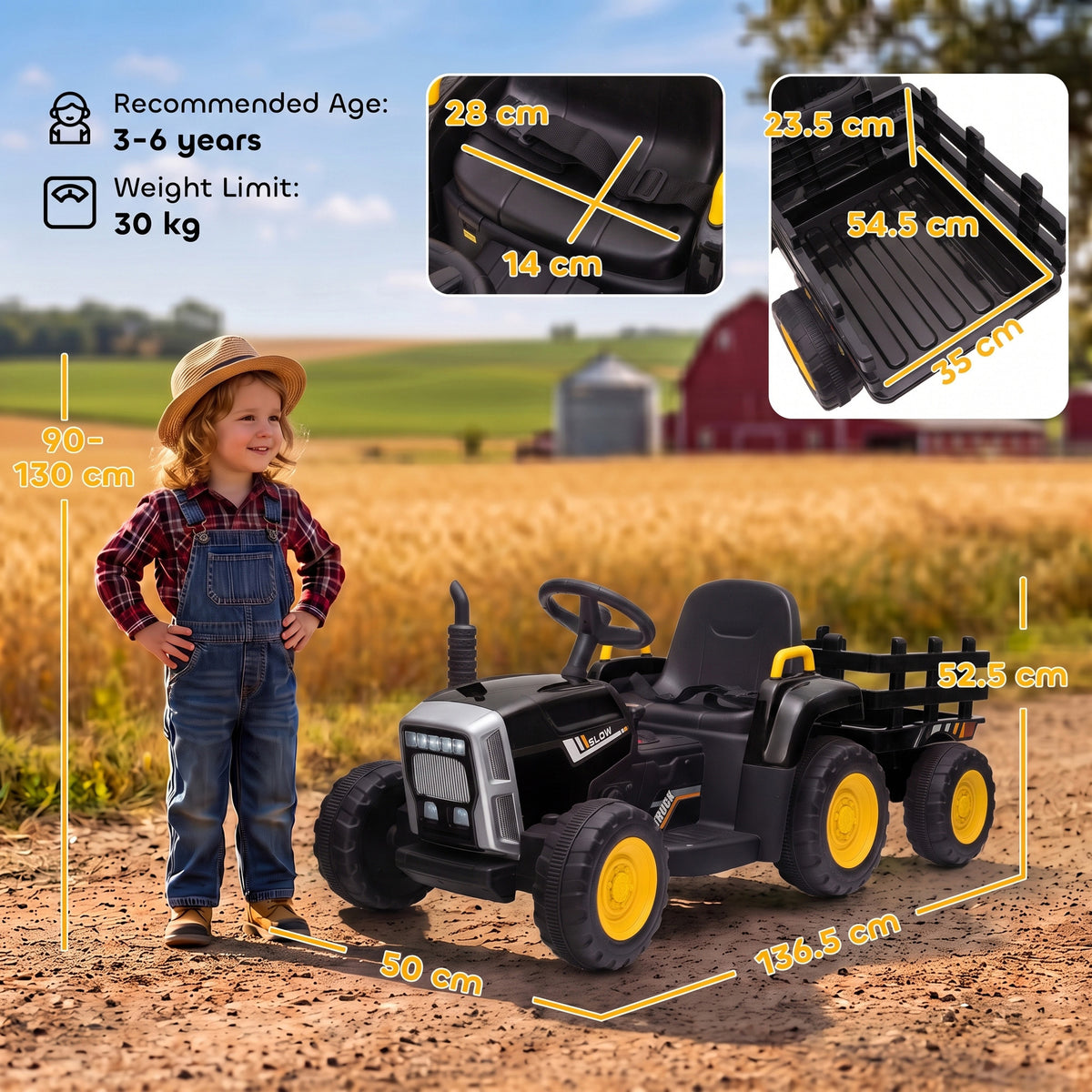 HOMCOM 12V Kids Electric Ride On Tractor With Remote And Trailer