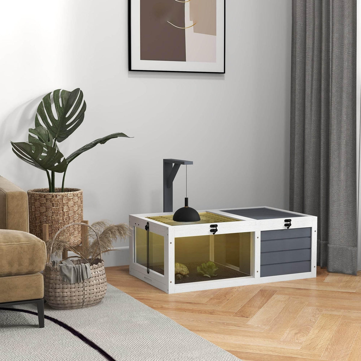 White and gray wooden tortoise habitat with lamp holder and sliding storage doors