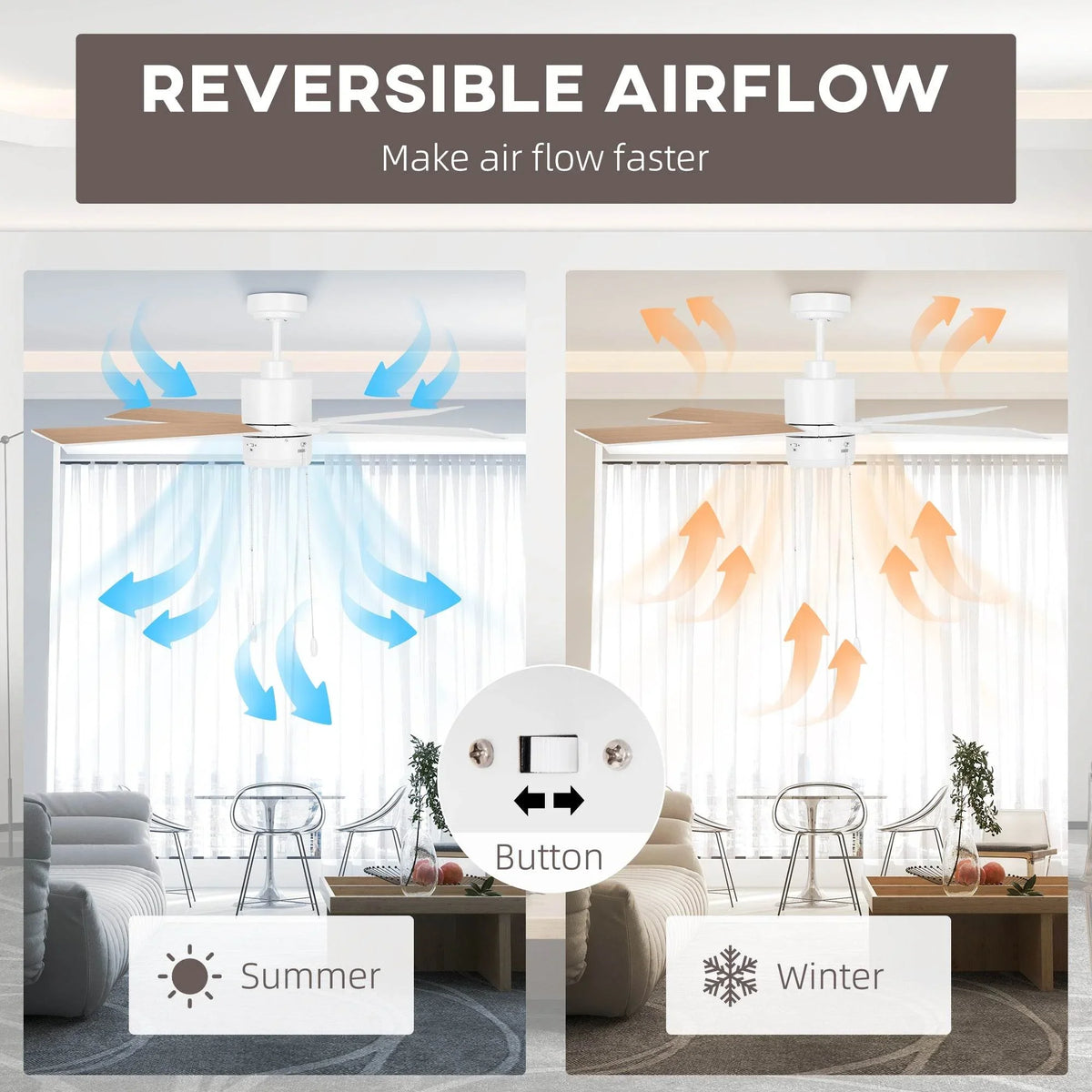 Reversible ceiling fan showing summer and winter airflow direction with LED light