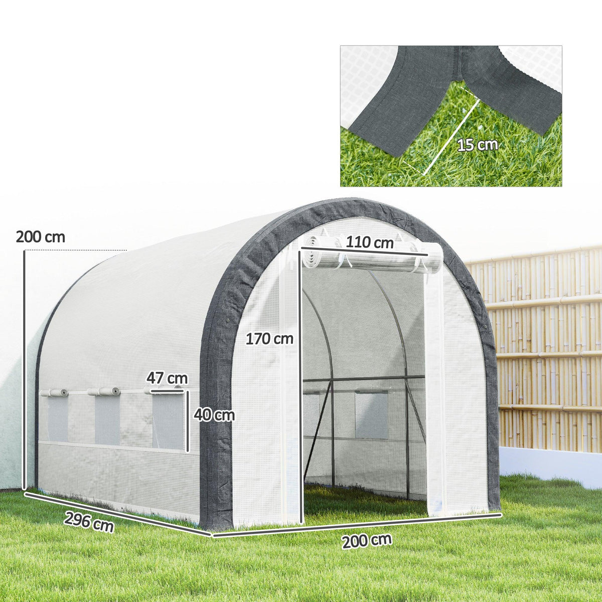 Walk-in tunnel greenhouse with white mesh cover and dark gray frame, front door view