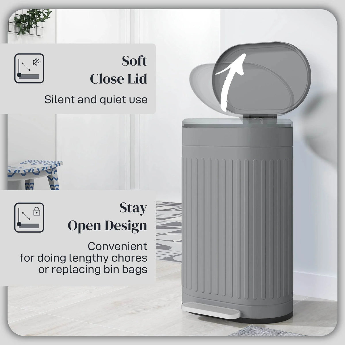 Grey pedal bin with soft-close lid open, ribbed body and foot pedal base