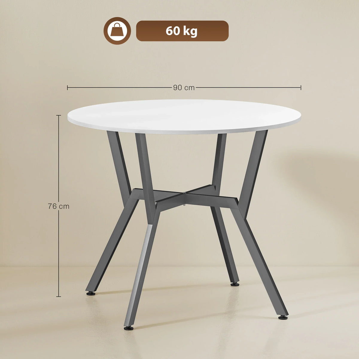Round white dining table, 90 cm wide and 76 cm high, with black metal legs