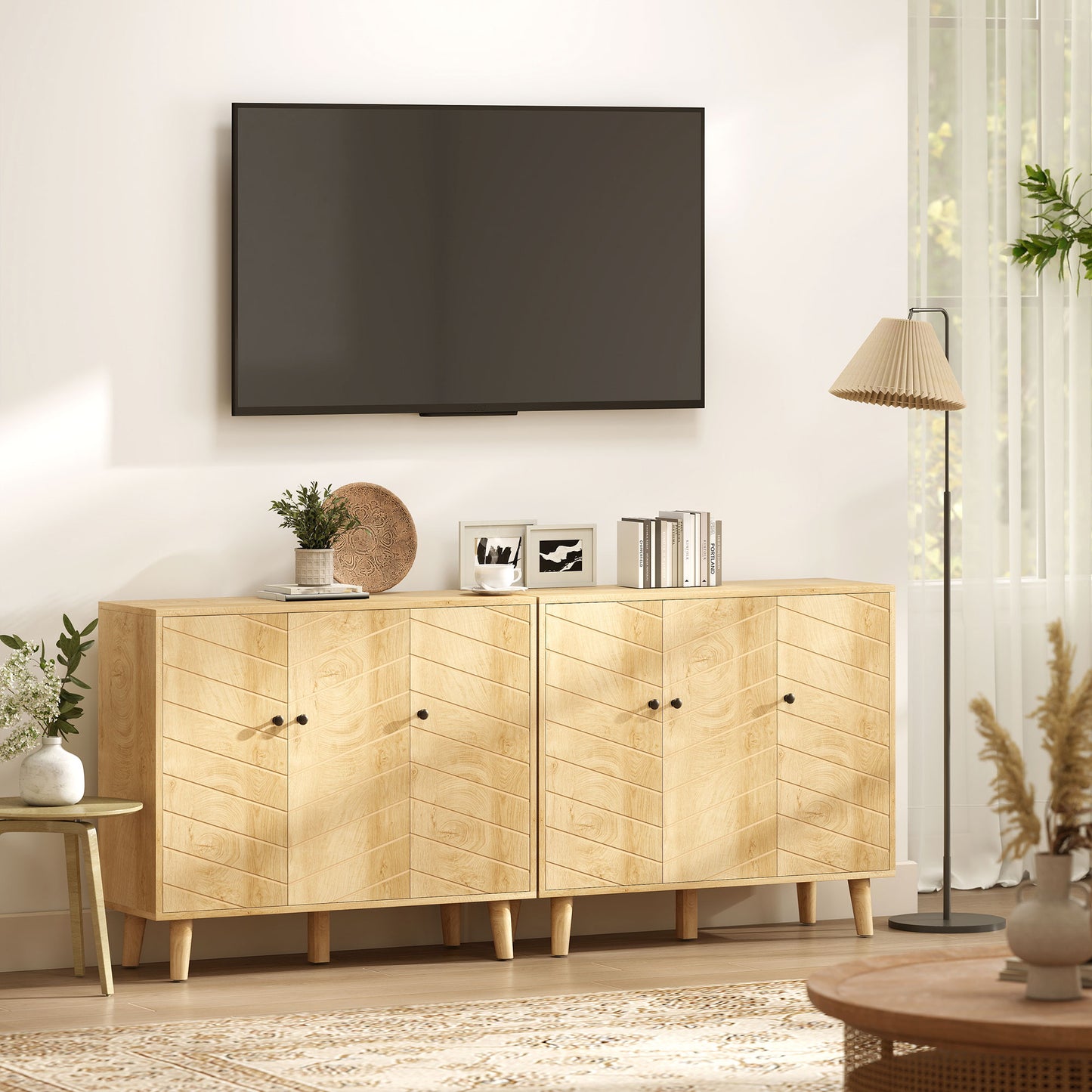 HOMCOM Vintage Sideboard With Chevron Doors And Pine Wood Legs For Living Room And Kitchen
