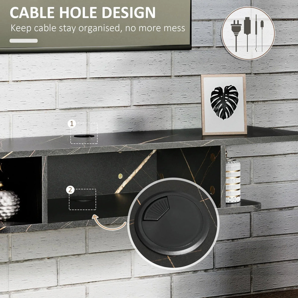 Black floating TV console with cable hole design and open storage compartment.
