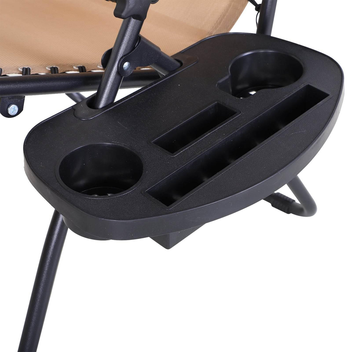 Black detachable side tray with two cup holders on a reclining garden chair