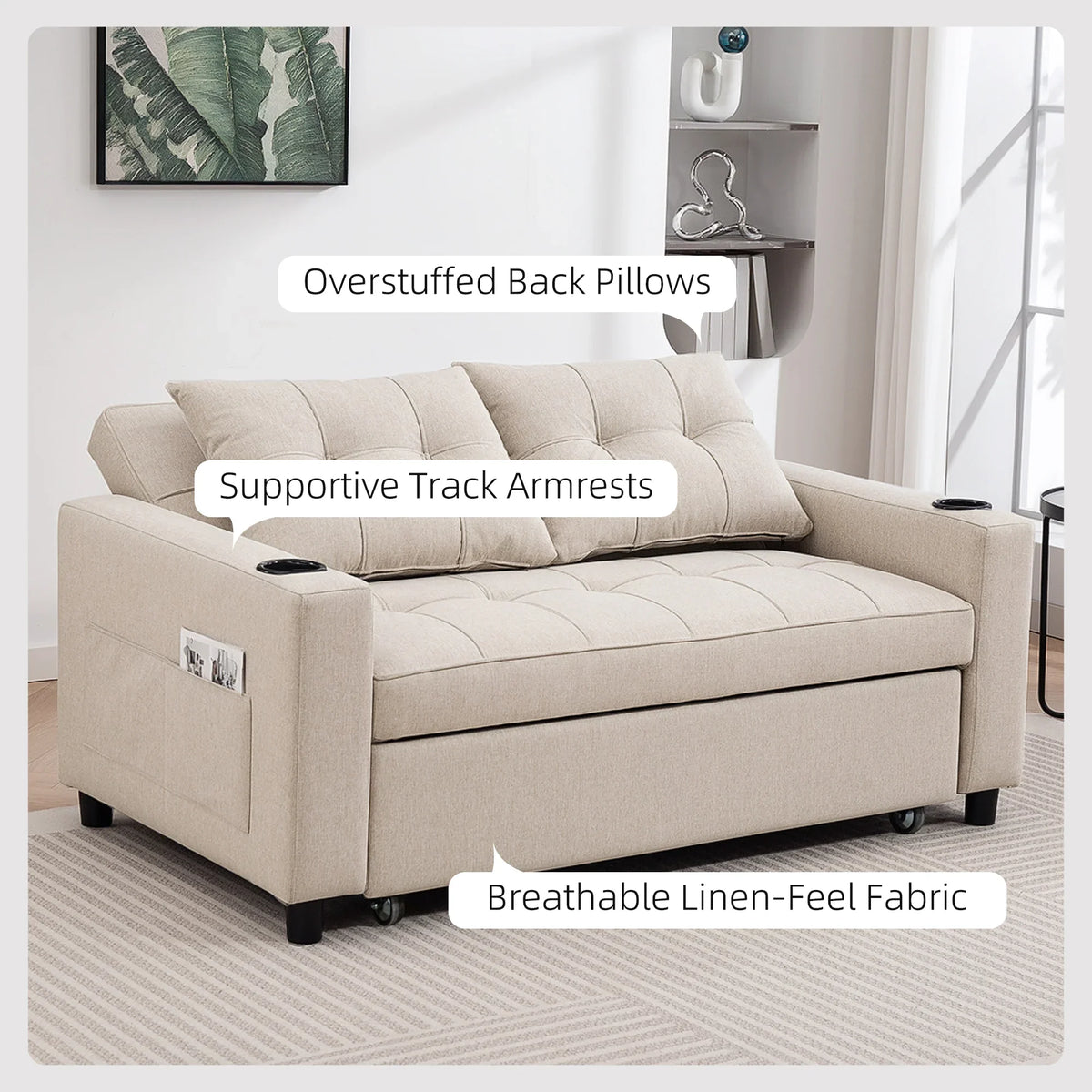 Beige two-seater sofa bed with overstuffed back cushions and supportive track arms