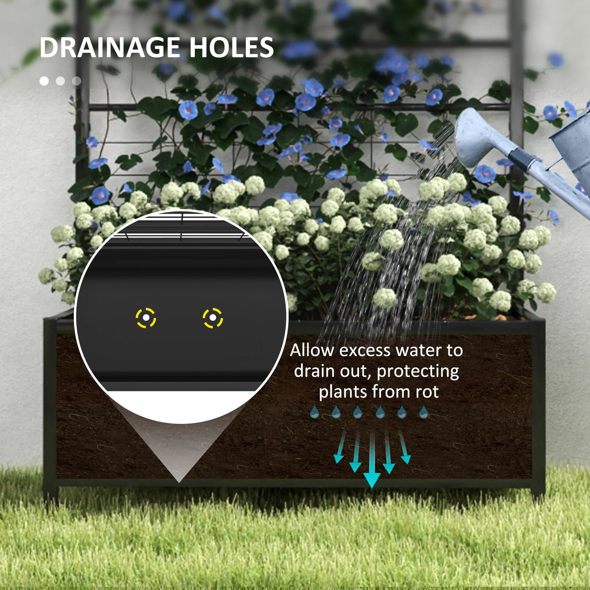 Black raised planter with drainage holes, watering over a flower bed
