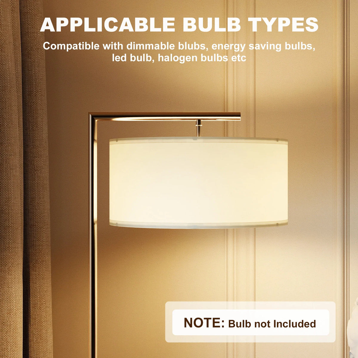 Linen drum lampshade on silver floor lamp; bulb not included