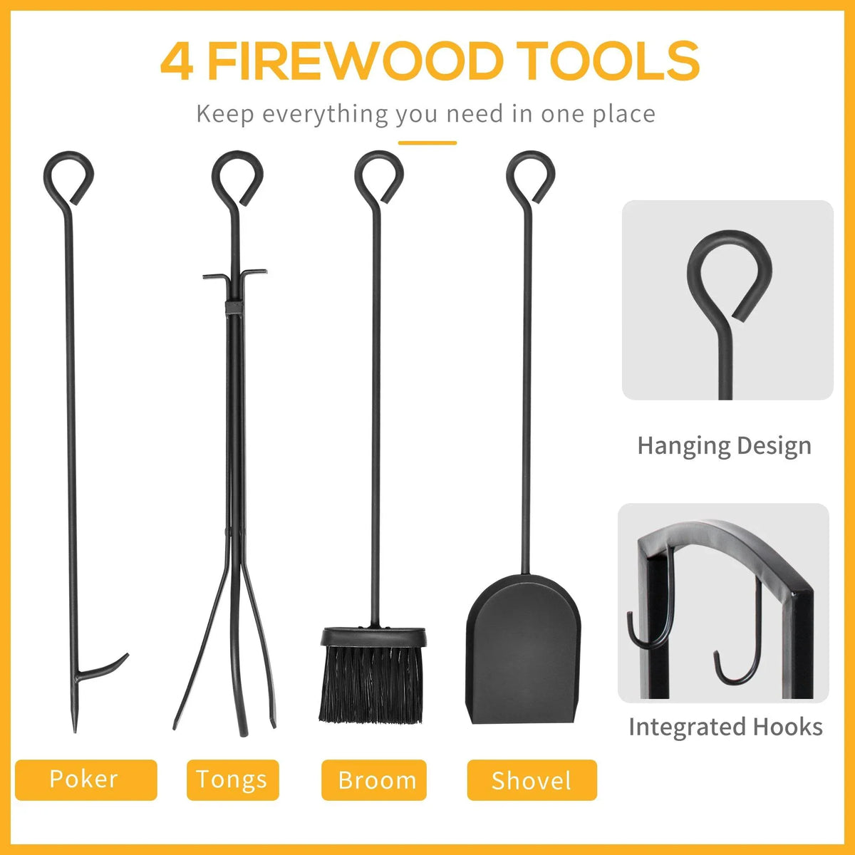Four black fireplace tool hooks set shown on hangers with poker, tongs, broom, shovel