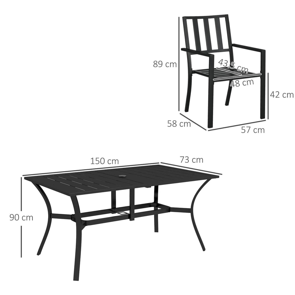 Black outdoor dining table and chair size diagram with labeled measurements.