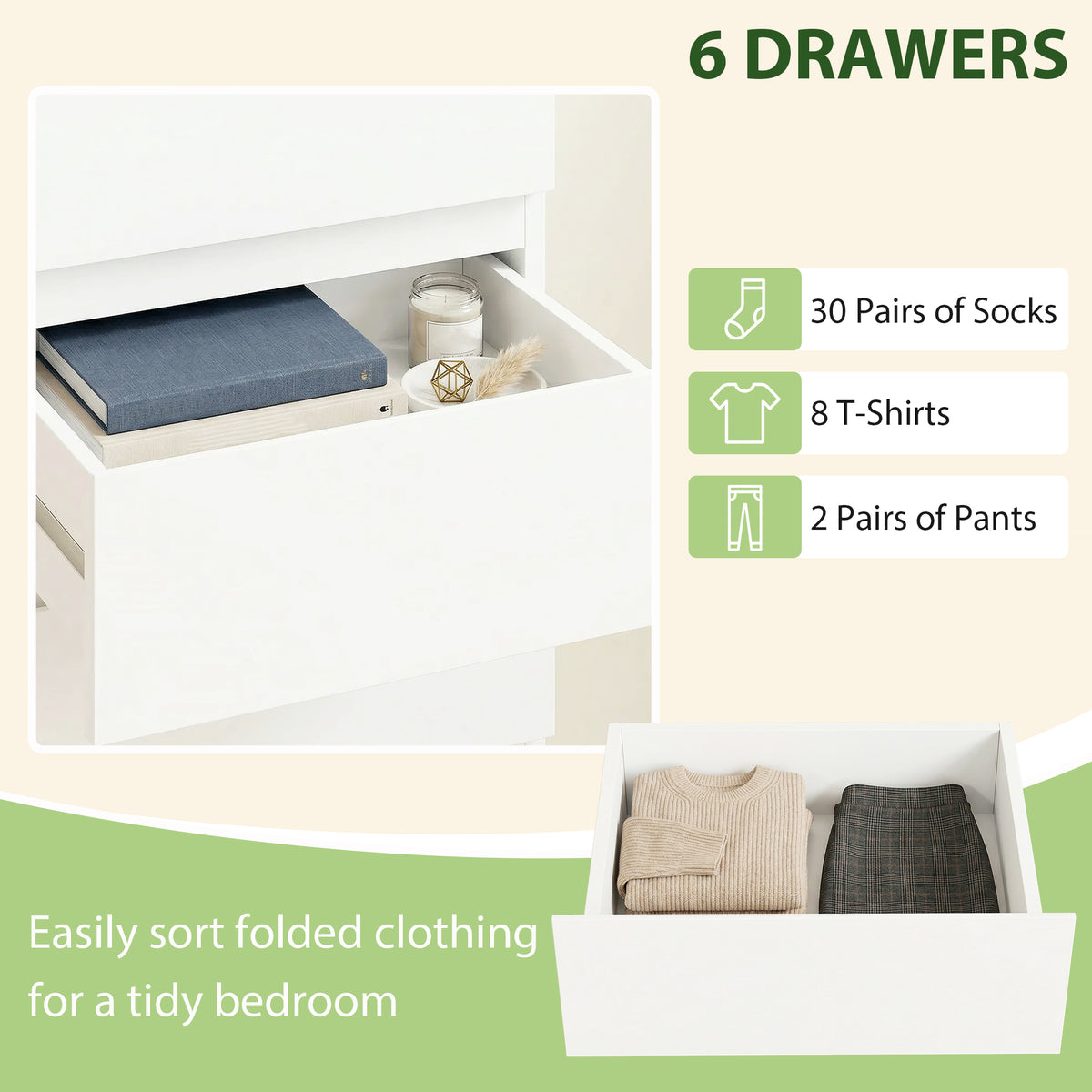 High-gloss white 6-drawer slim chest of drawers with open drawer storage