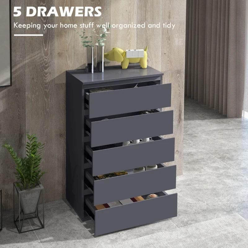 Dark gray 5-drawer chest with multiple drawers open for storage