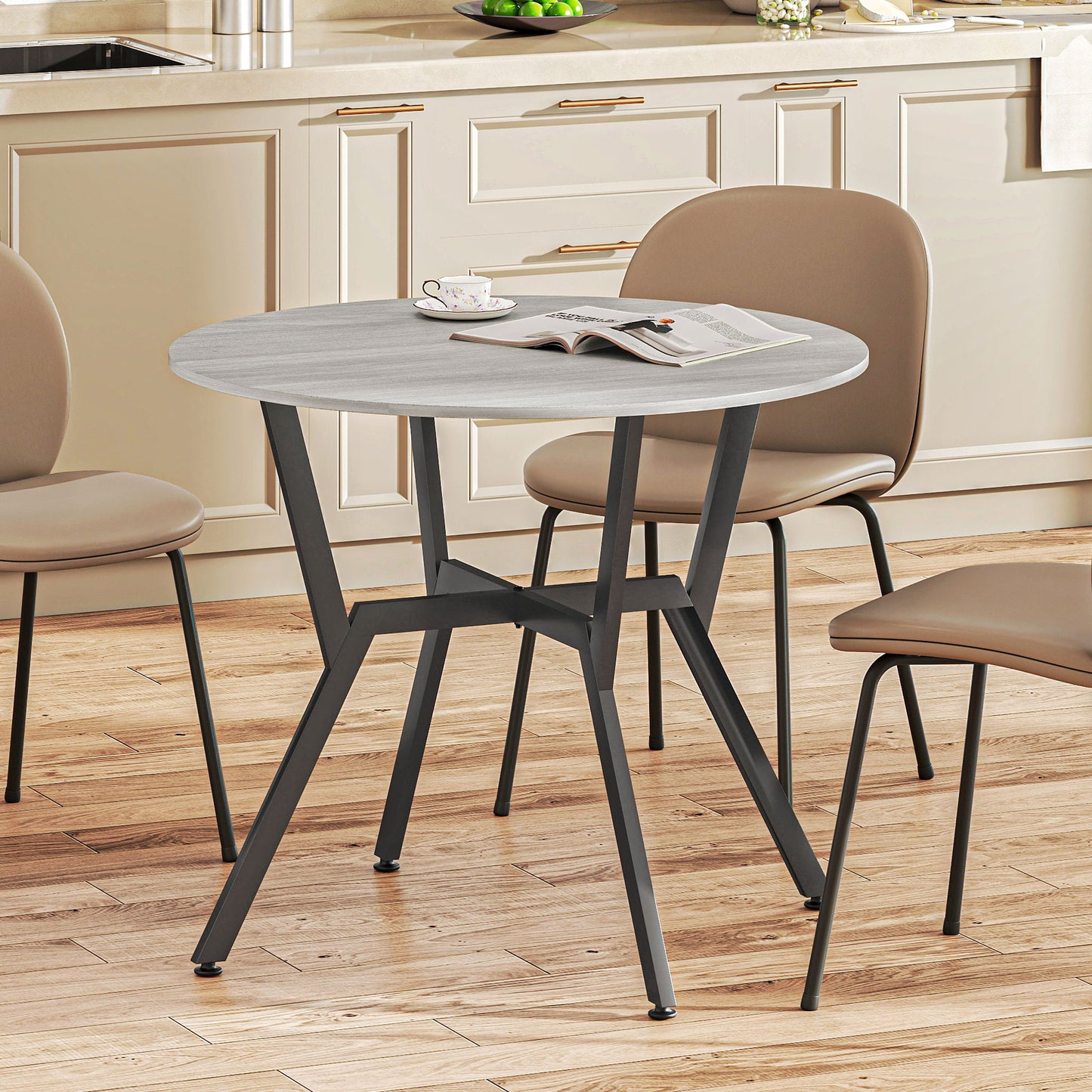HOMCOM Round Dining Table 90 x 76 cm Grey with Black Metal Legs Anti Slip Foot Pads for Living Room and Dining Room
