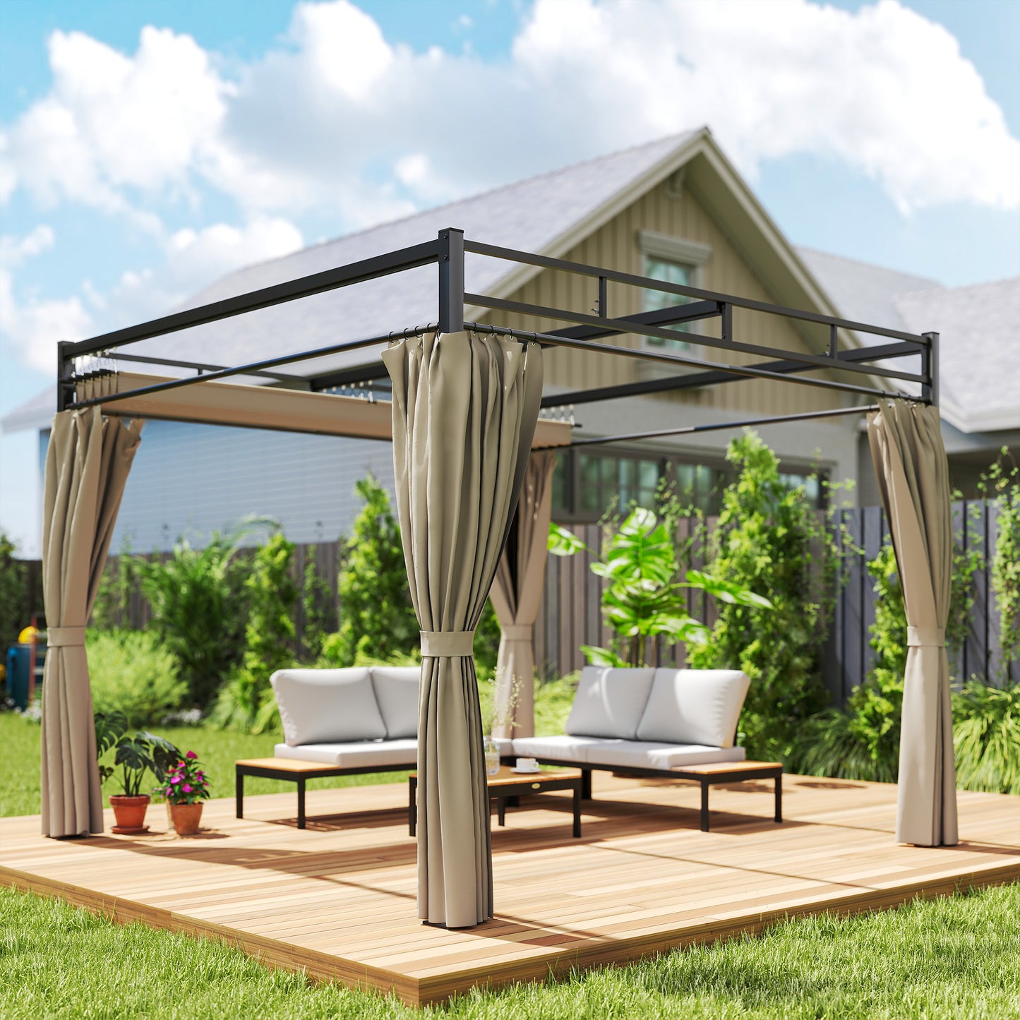 Outsunny 3x3 m Pergola with Retractable Roof Canopy and Curtains UPF30+ Metal Frame Garden Gazebo Sun Shade Khaki