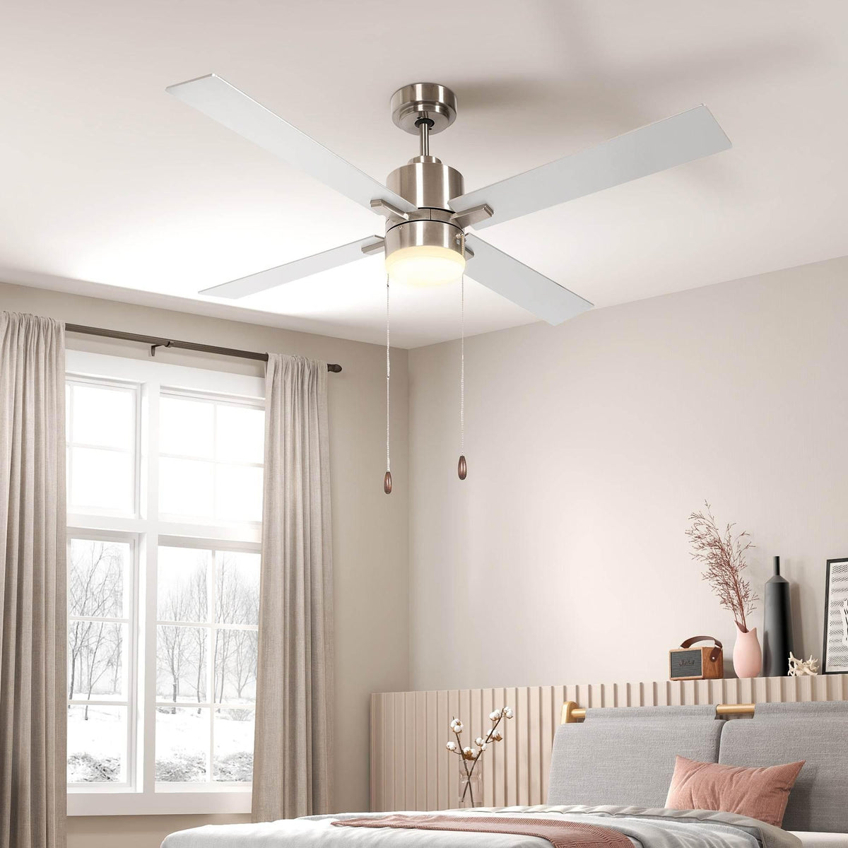 Ceiling fan with LED light, brushed silver housing and four natural wood-toned blades