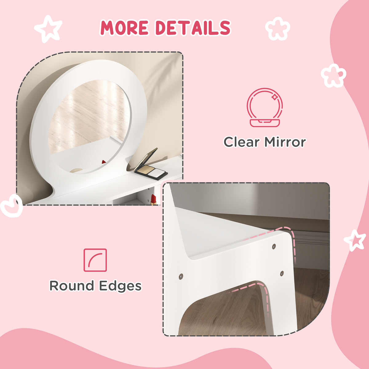 Kids vanity table with round clear mirror, rounded edges, and side shelf