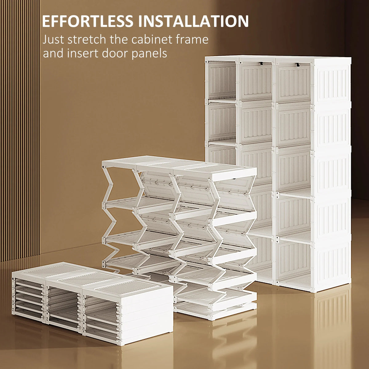 White foldable wardrobe panels unfolded into storage cubes with double-door section.