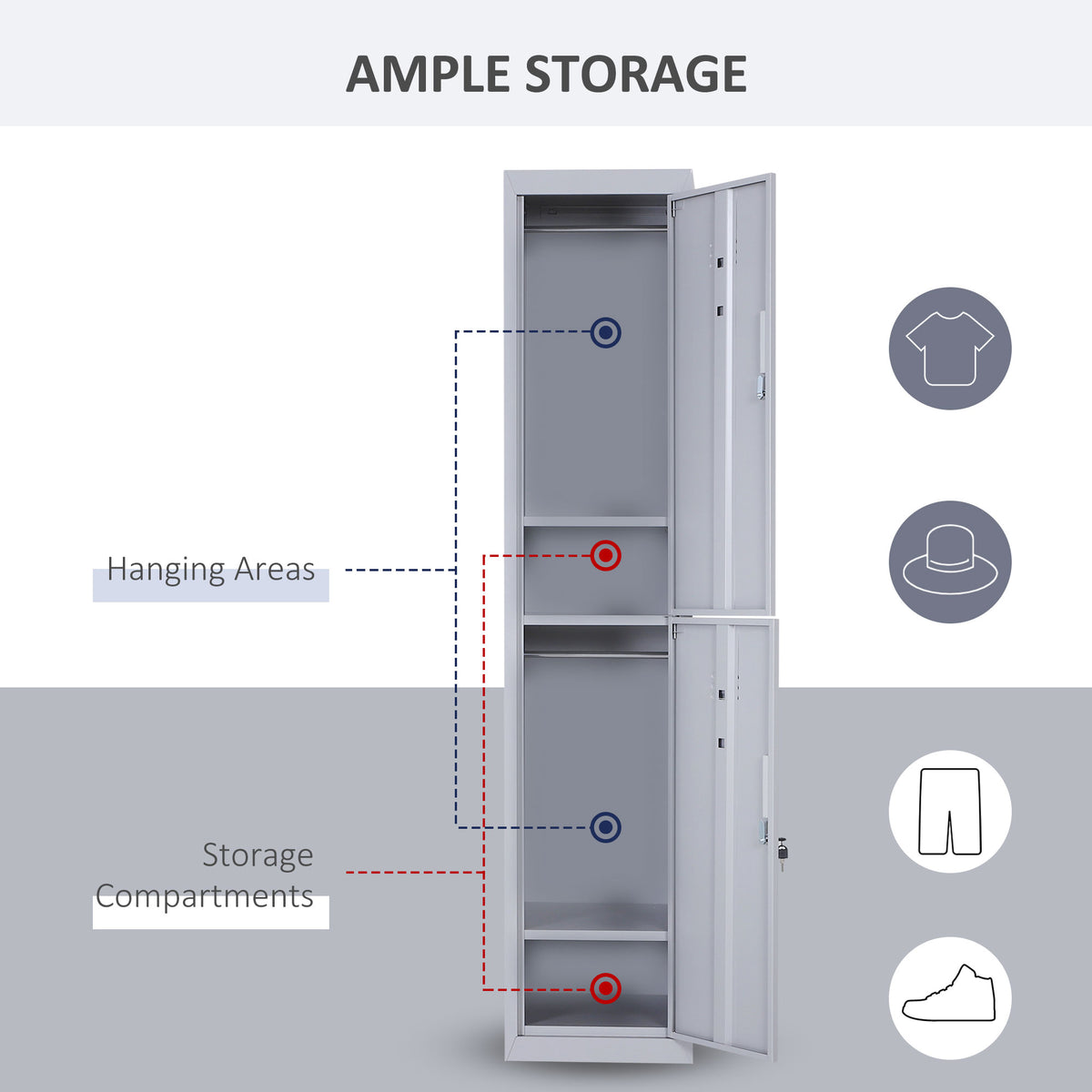 Grey steel locker cabinet with open doors showing hanging areas and storage compartments