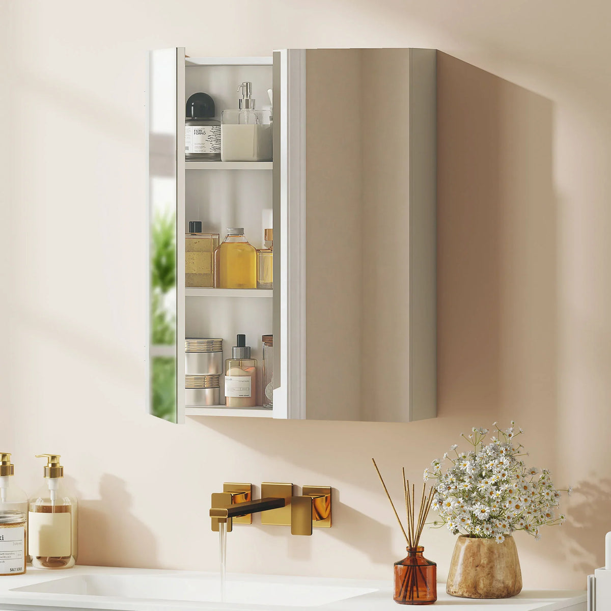 Wall-mounted white bathroom mirror storage cabinet, open door showing shelves