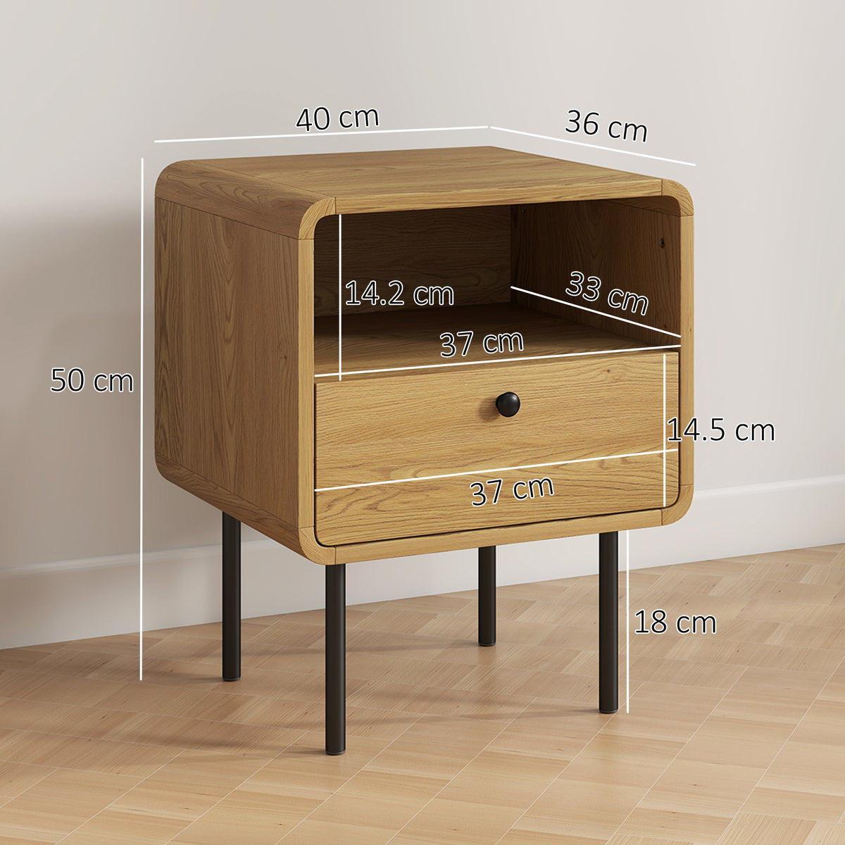 Wooden nightstand with open shelf and drawer, rounded frame, four black metal legs